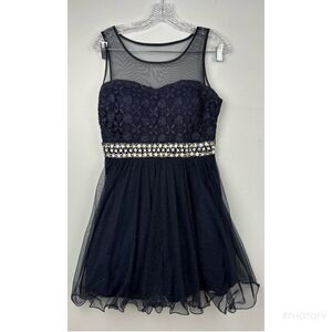 My Michelle Navy Dress Lace Mesh Tulle Lined Padded Rhinestones Sparkle Sz 7